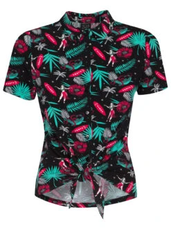 Pussy Deluxe Aloha Blouse Damen Kurzarmbluse Schwarz Allover