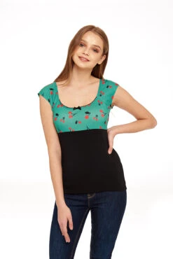 Pussy Deluxe Cat Cherries Basic Shirt Schwarz / Grün Allover