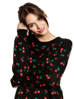Pussy Deluxe Cherries Damen Strickpullover Schwarz Allover