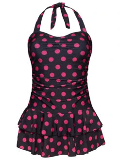 Pussy Deluxe Classic Pink Dotties Damen Badeanzug Schwarz Allover