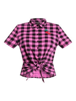 Pussy Deluxe Pink Checkered Damen Kurzarmbluse Schwarz/lightpink