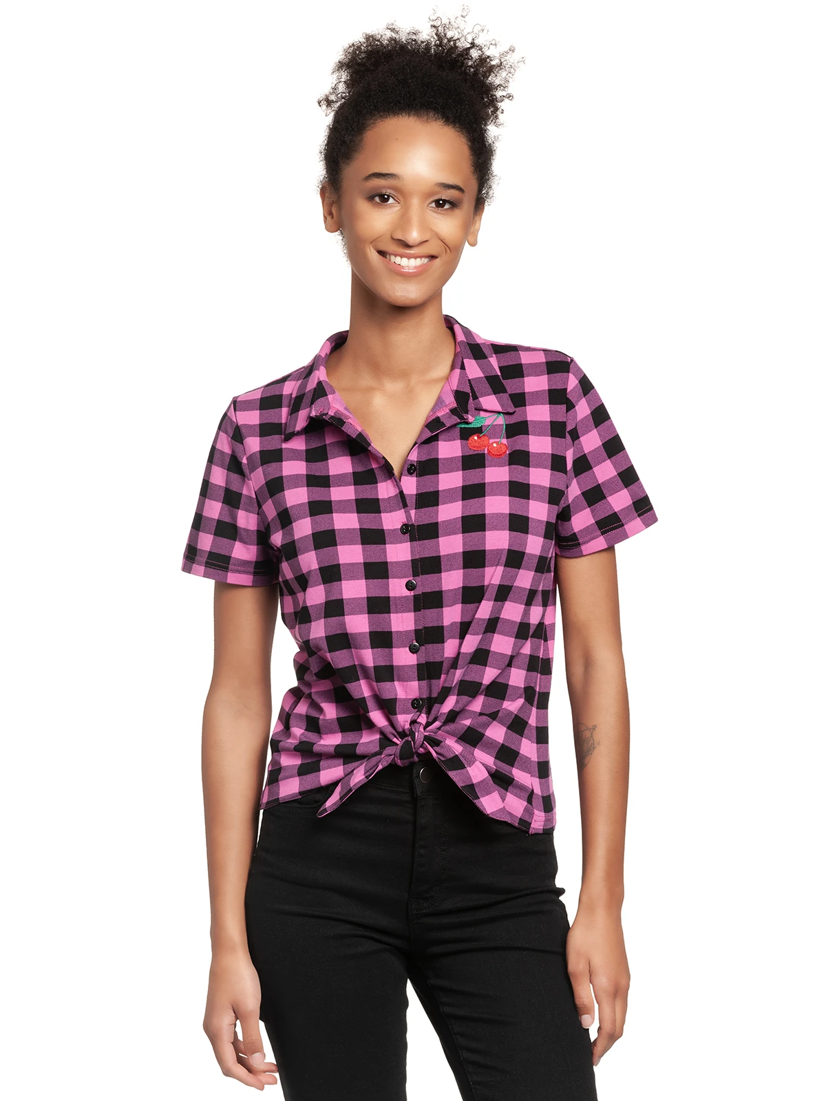 Pussy Deluxe Pink Checkered Damen Kurzarmbluse Schwarz/lightpink – Bild 2