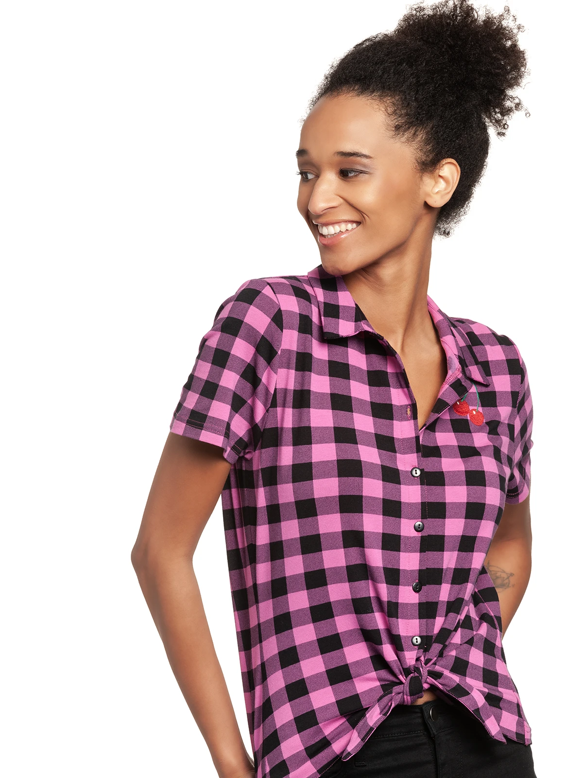 Pussy Deluxe Pink Checkered Damen Kurzarmbluse Schwarz/lightpink – Bild 5