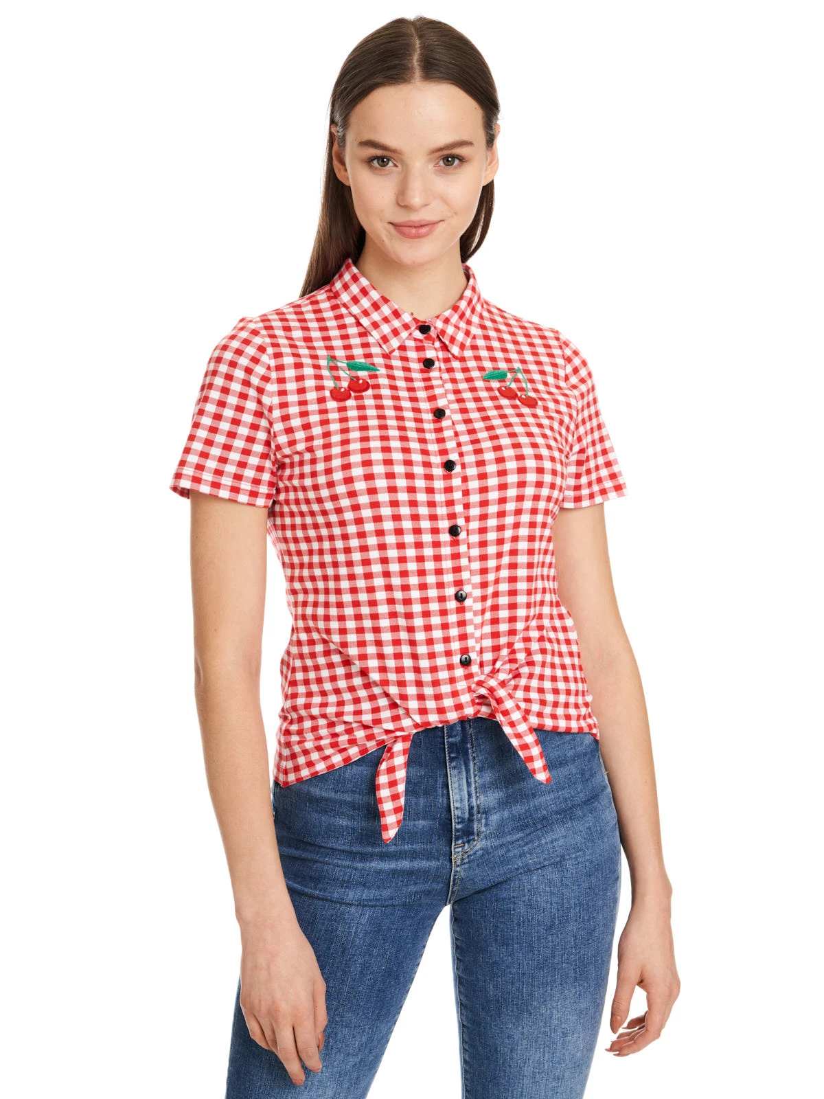 Pussy Deluxe Red Plaid Damen Kurzarmbluse Rot Allover – Bild 4