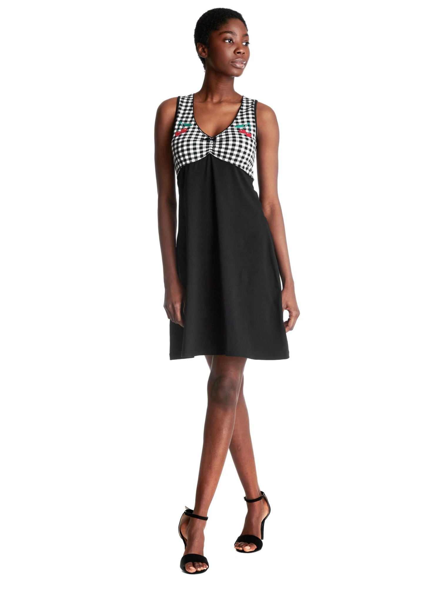 Pussy Deluxe Vichy Cherry Damen A-Linien-Kleid Schwarz/allover