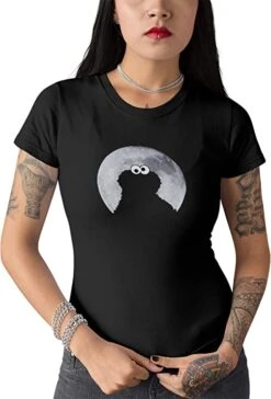 Sesame Street Sesamstrasse Cookie Monster In Moonnight Damen T-Shirt Schwarz