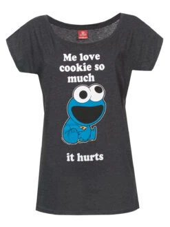 Sesame Street Sesamstrasse Me Love Cookie Damen Loose-Shirt Dunkelgrau Meliert