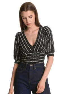 Vive Maria Dandy Stripes Damen V-Shirt Schwarz Allover