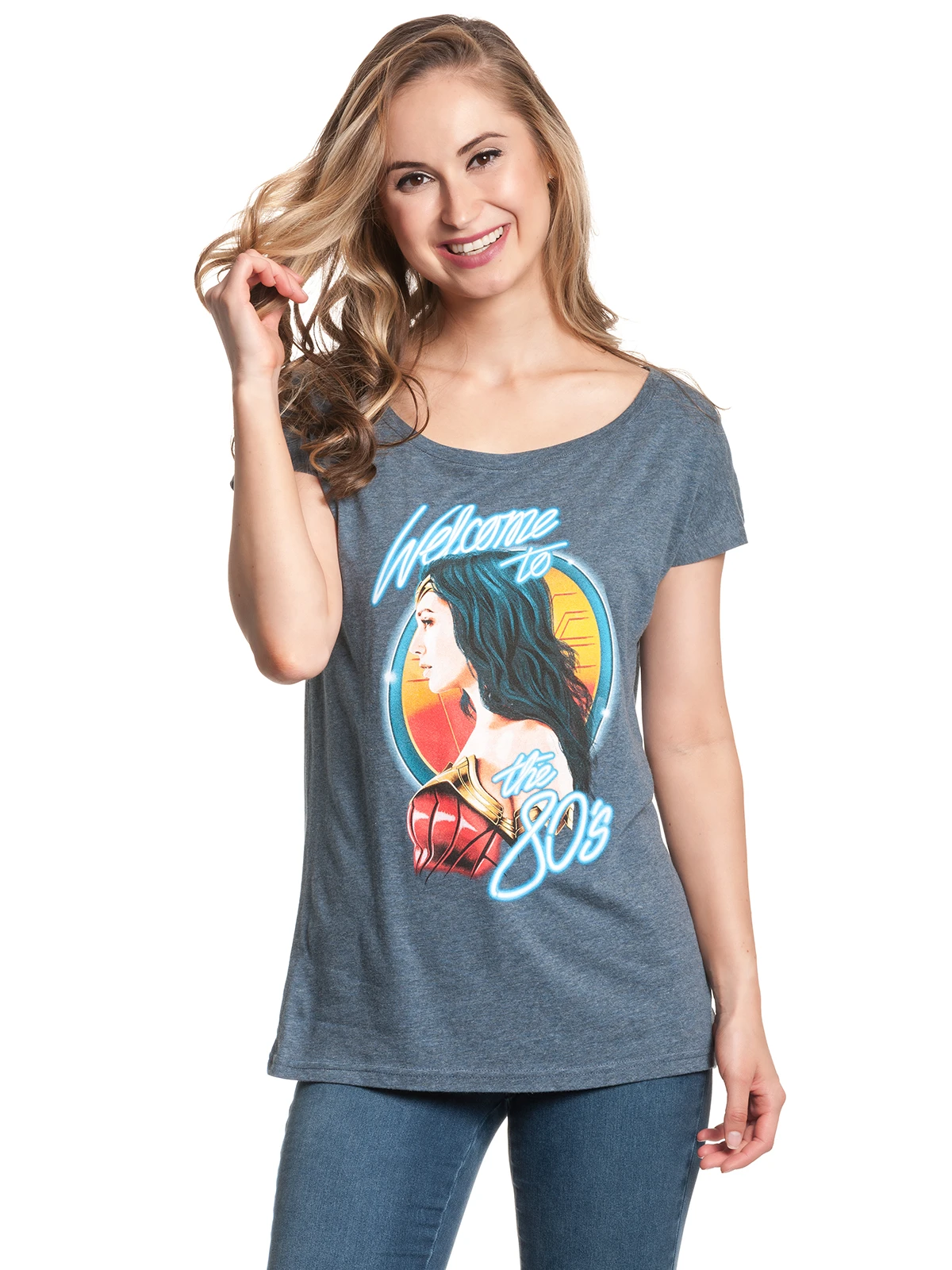 Wonderwoman Welcome To 80's Damen Loose-Shirt Blau Meliert